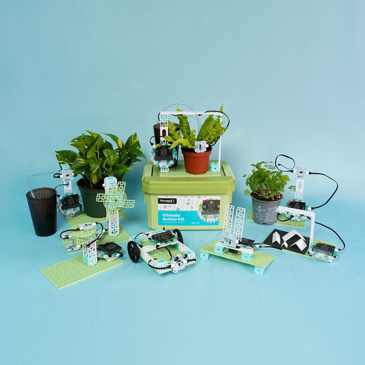 Climate Action Kit projects built with micro:bit — sensors, motors and building blocks