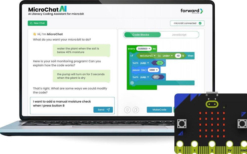 MicroChat open on a laptop: a chat about a soil-moisture program on the left, the generated code blocks on the right, beside a micro:bit