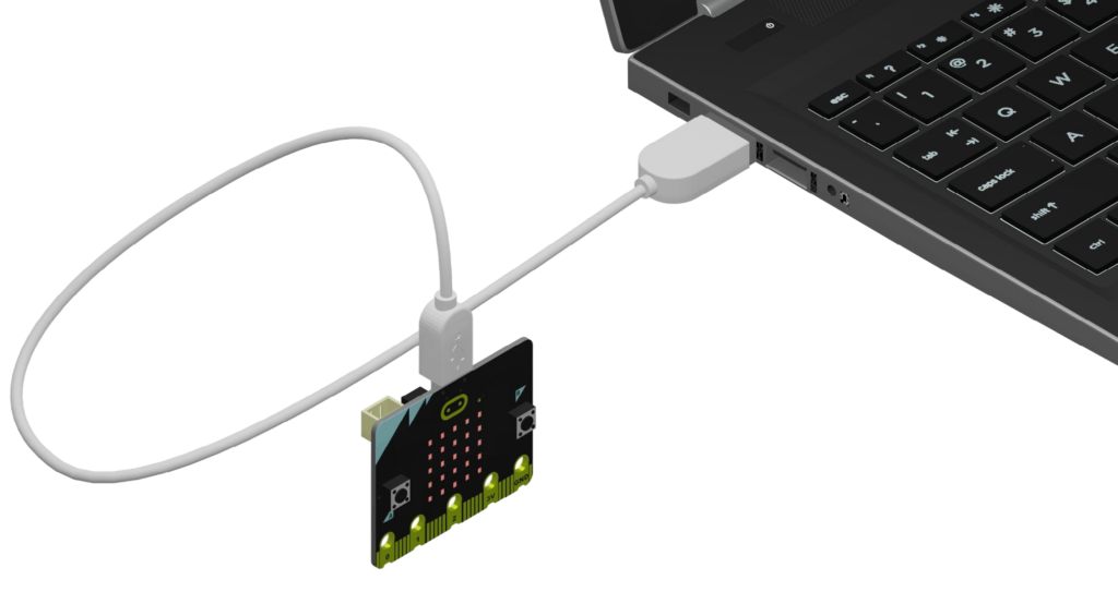 microUSB cord connects a micro:bit to a personal laptop.